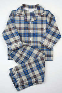 Boys Elton Check winter PJs in Blue, Oatmeal & mustard